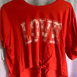 Red “LOVE” knot crop top